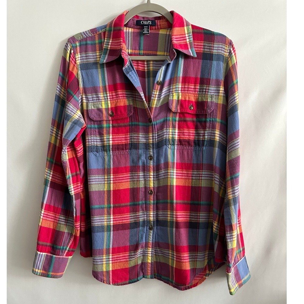 Chaps Plaid Flannel Button Down Shirt M 100% Cotton Preppy Cottagecore Classic